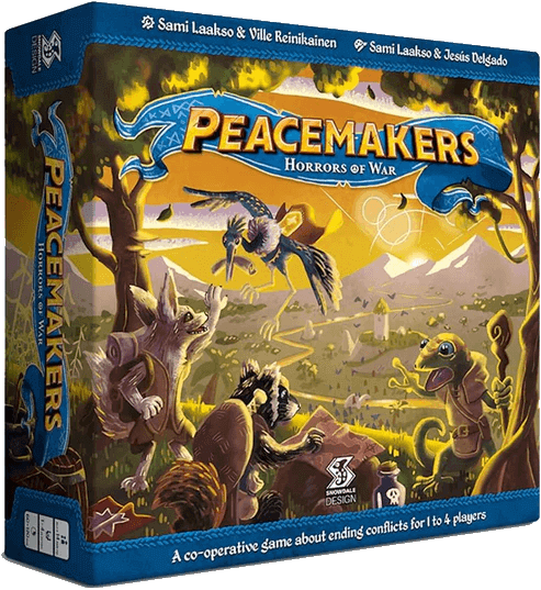 Peacemakers board game box art, depicting strategic elements of conflict resolution and cooperation.