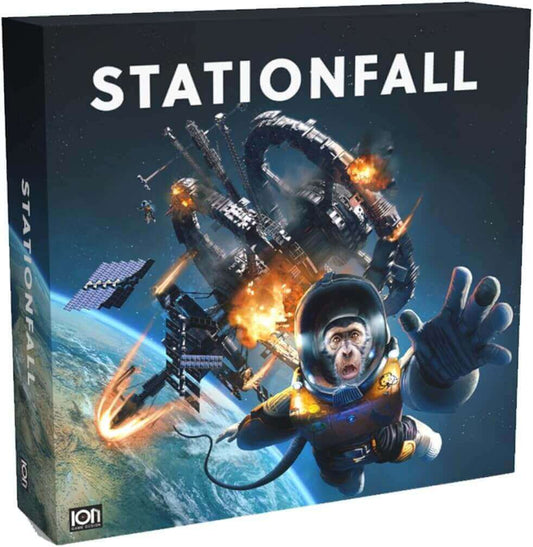Cover of the board game Stationfall featuring a monkey in a spacesuit and a space station in distress.