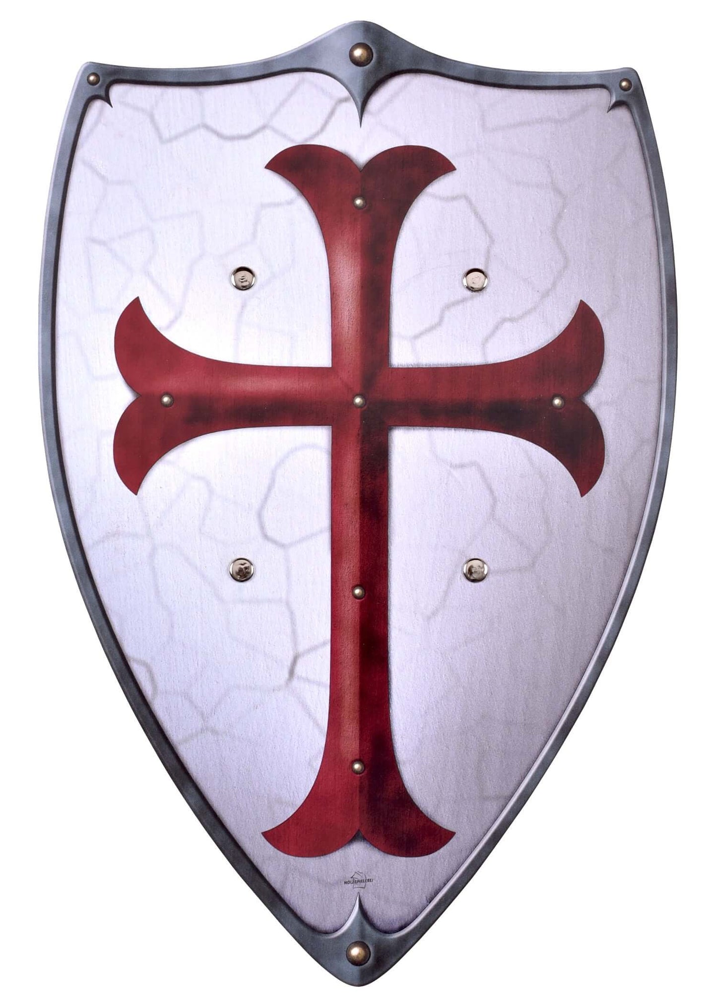 Holz Ritter Schild mit rotem Kreuz und metallischen Akzenten für Kinder Abenteuerspiele.