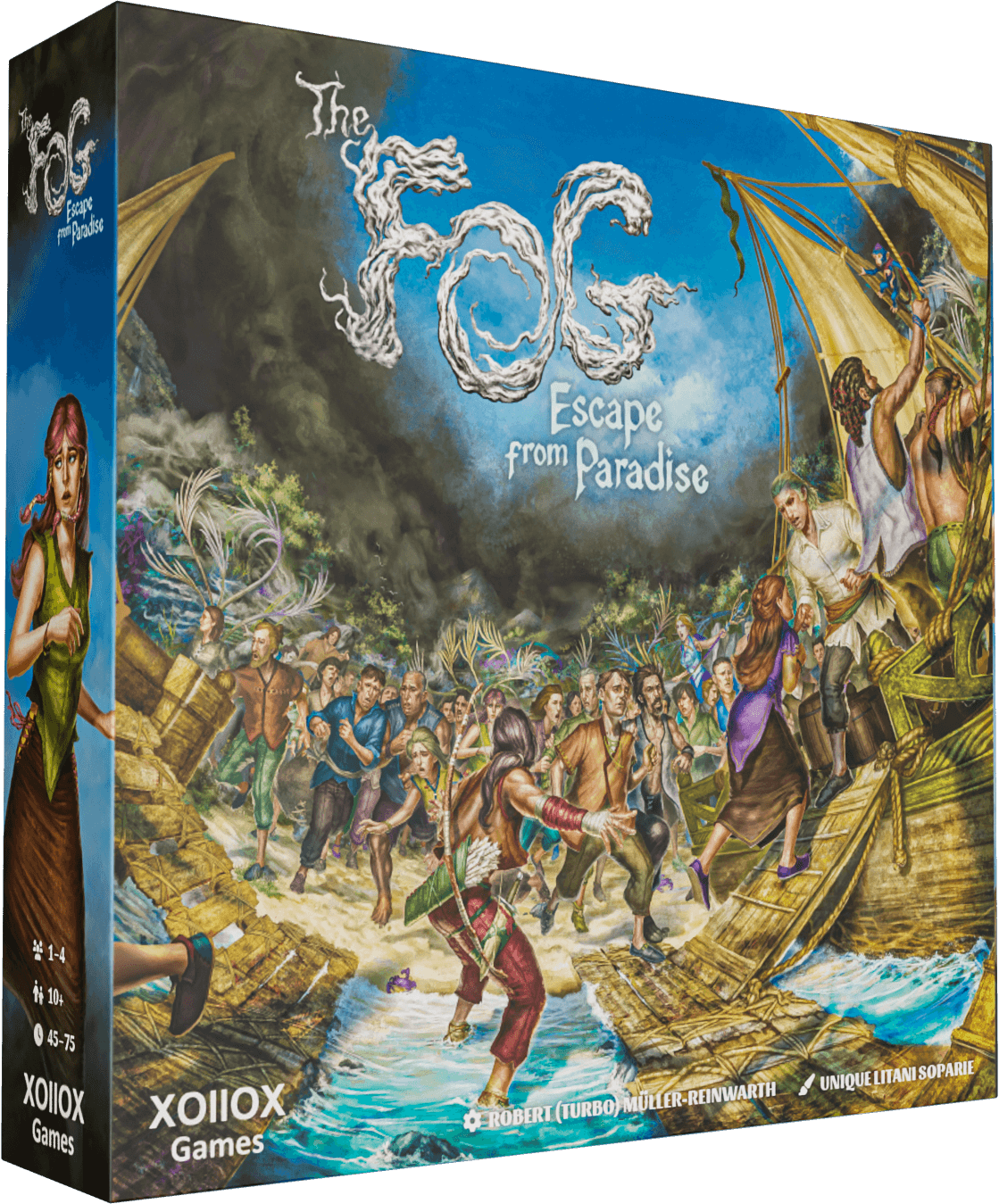 The FOG - Escape from Paradise game box featuring islanders fleeing from fog towards rescue boats.