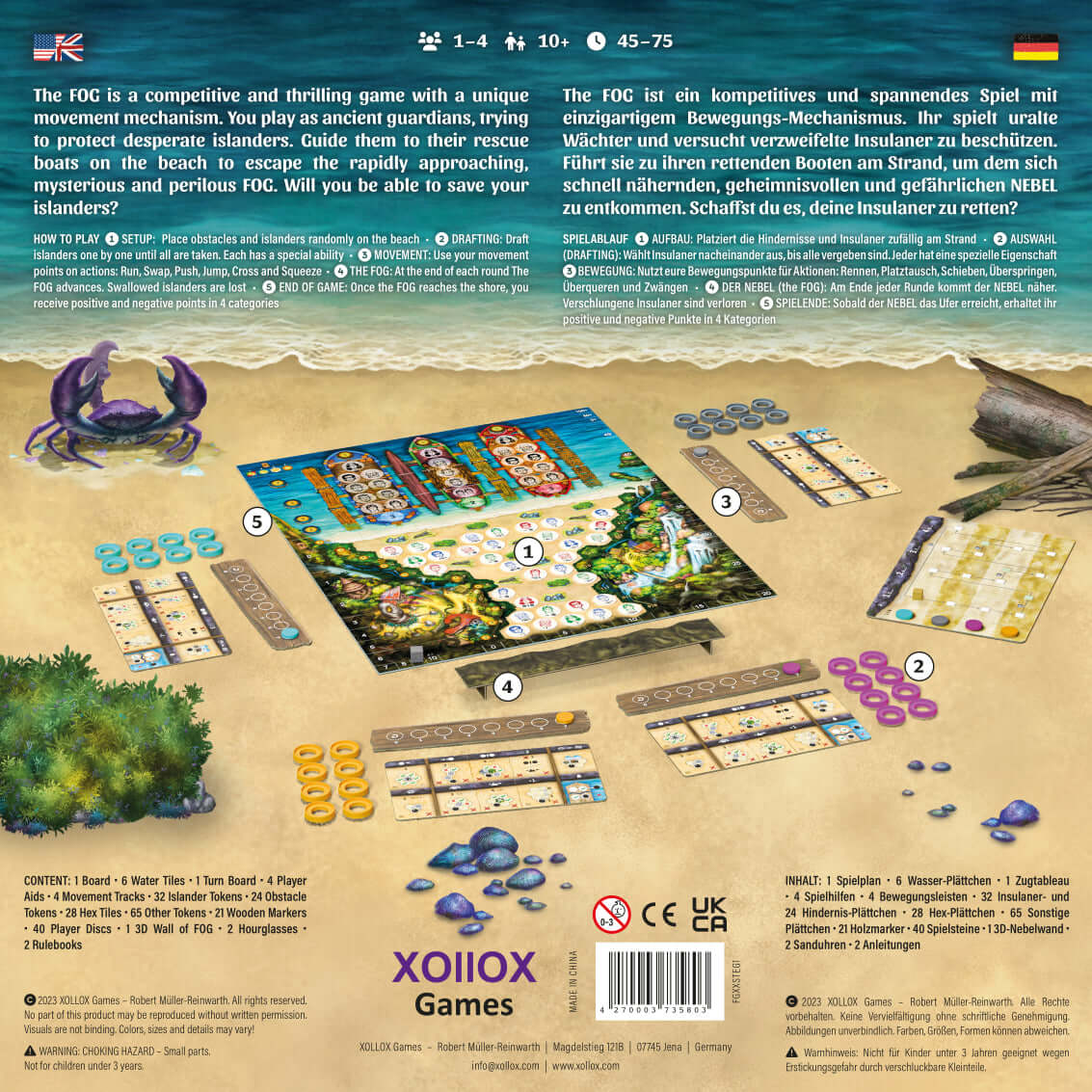 Game board for FOG - Escape from Paradise featuring movement mechanics and rescue boats on a vibrant island backdrop.
