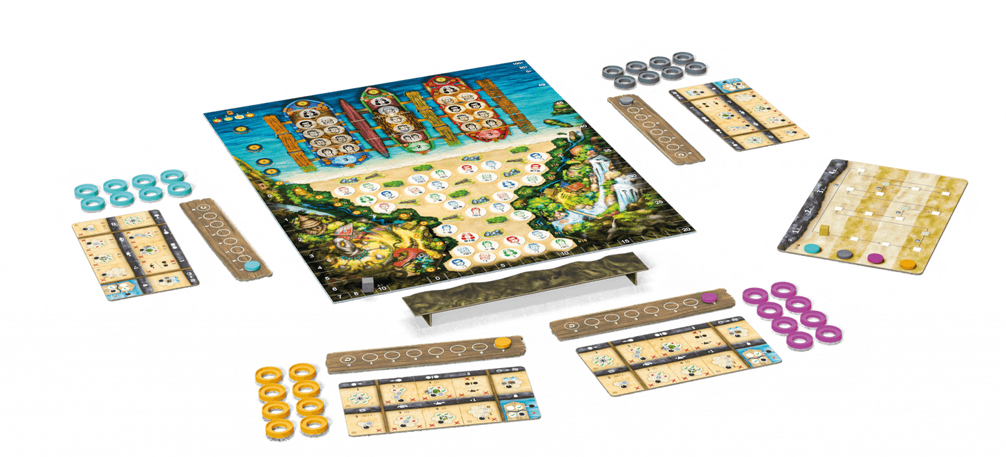 Board game setup for FOG - Escape from Paradise featuring game pieces and game board.