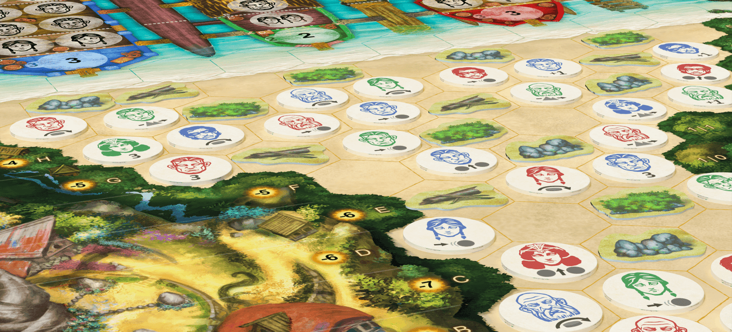 Game board layout of FOG - Escape from Paradise featuring colorful islander tokens and movement mechanics.