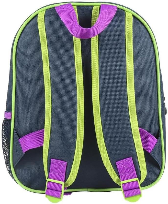 Back view of a children's 3D backpack with adjustable padded straps and vibrant colors, ideal for kids' outings.