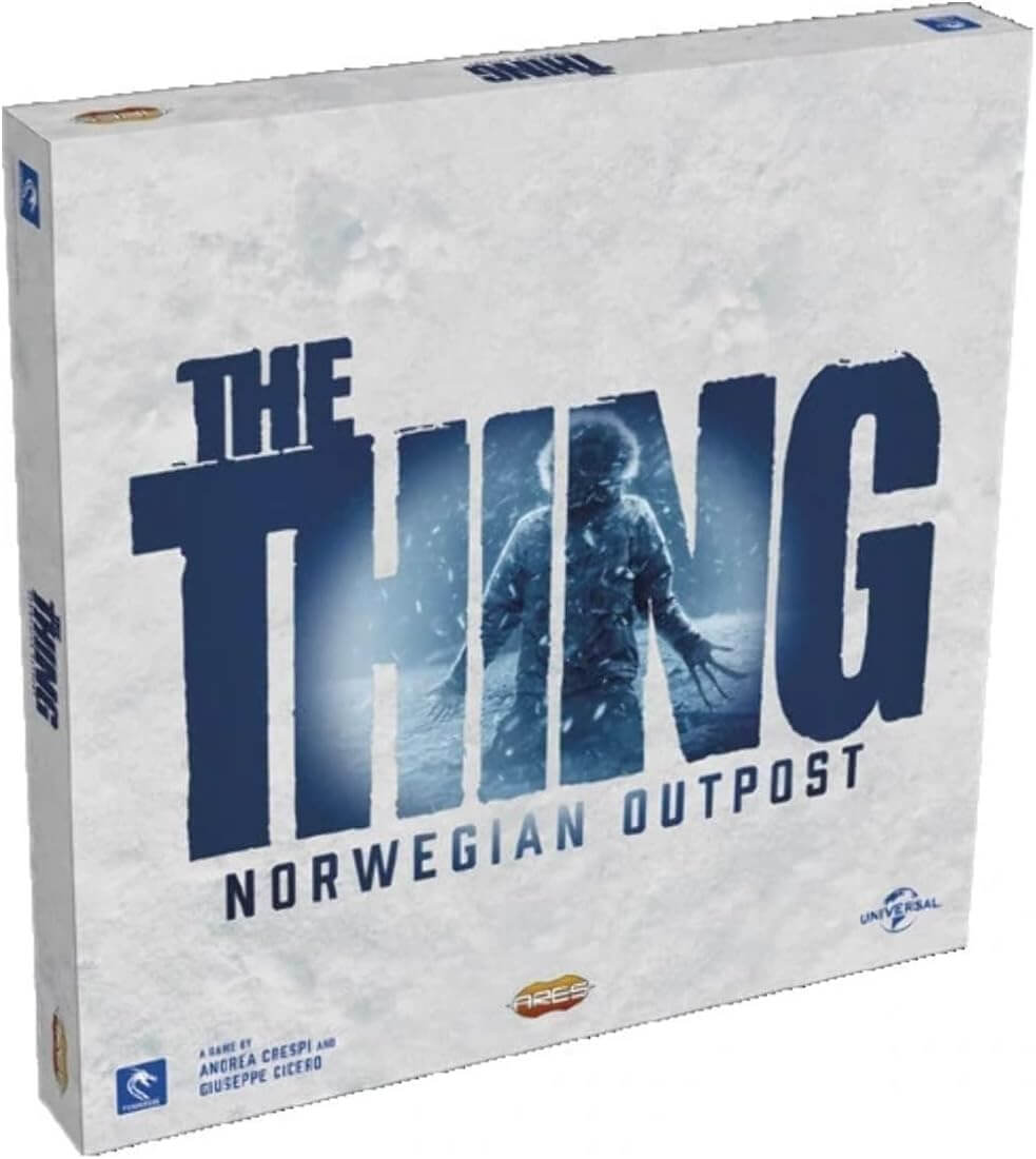 The Thing Norwegian Outpost board game box cover featuring eerie design and suspenseful theme for 1-8 players.