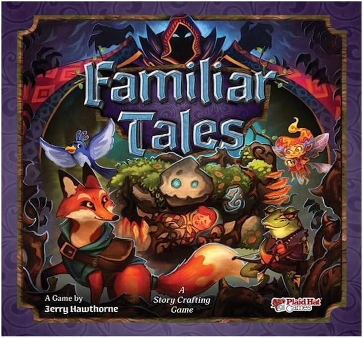 Familiar Tales board game cover featuring magical animal companions and a whimsical adventure theme.