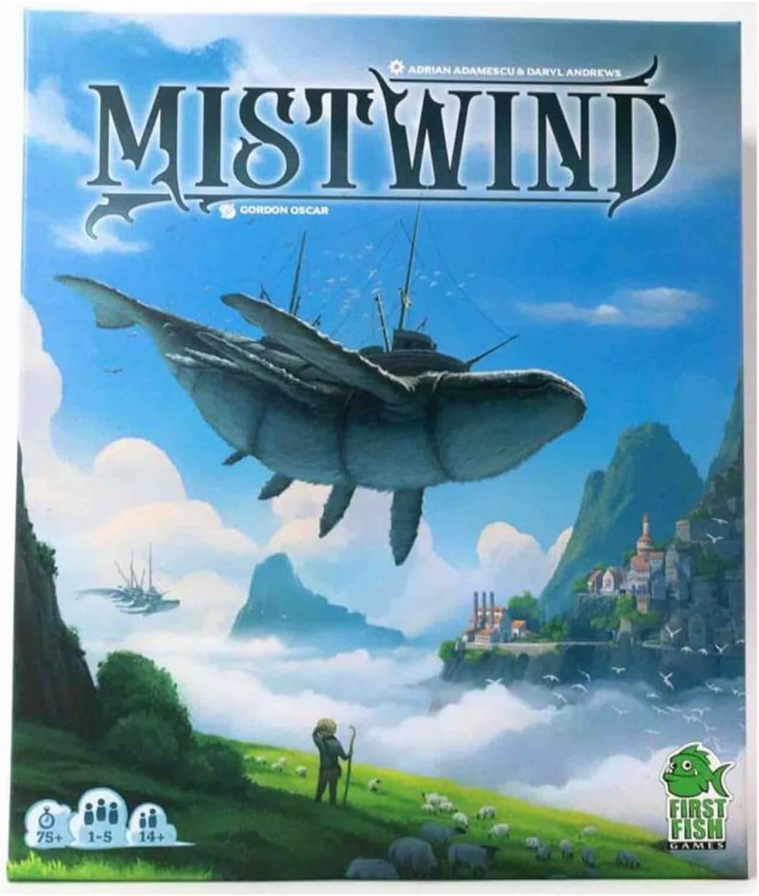 Cover of Mistwind board game featuring flying transport whales in a fantasy setting.
