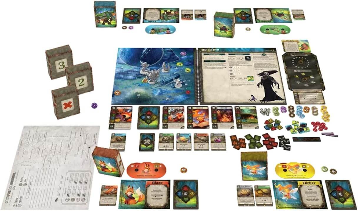 Familiar Tales game setup with cards, tokens, and player boards for cooperative storytelling adventure.