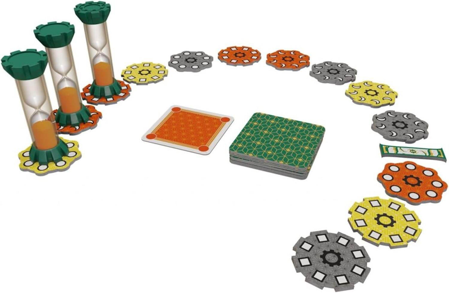 Quicksand Board Game components including hourglasses, task cards, and challenge tokens for cooperative gameplay.