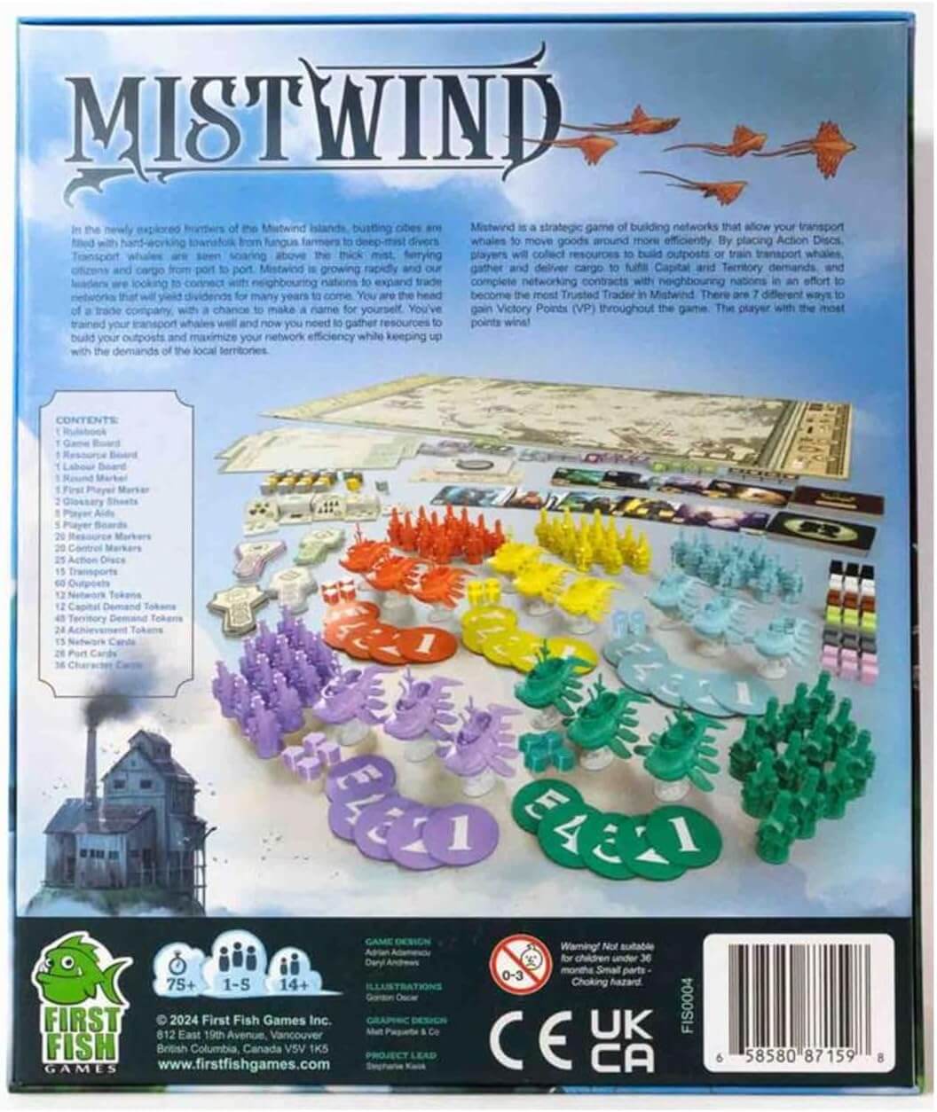 Mistwind board game back cover featuring components, game setup and character pieces for strategic gameplay.