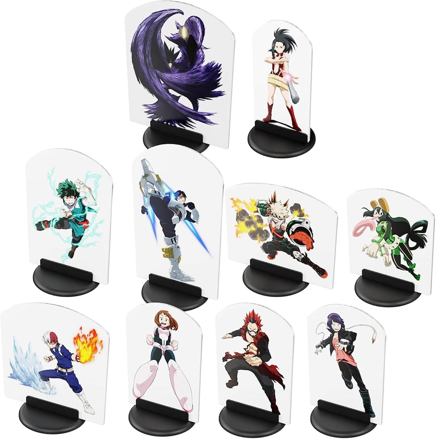 My Hero Academia character standees featuring popular heroes and villains from the anime series.