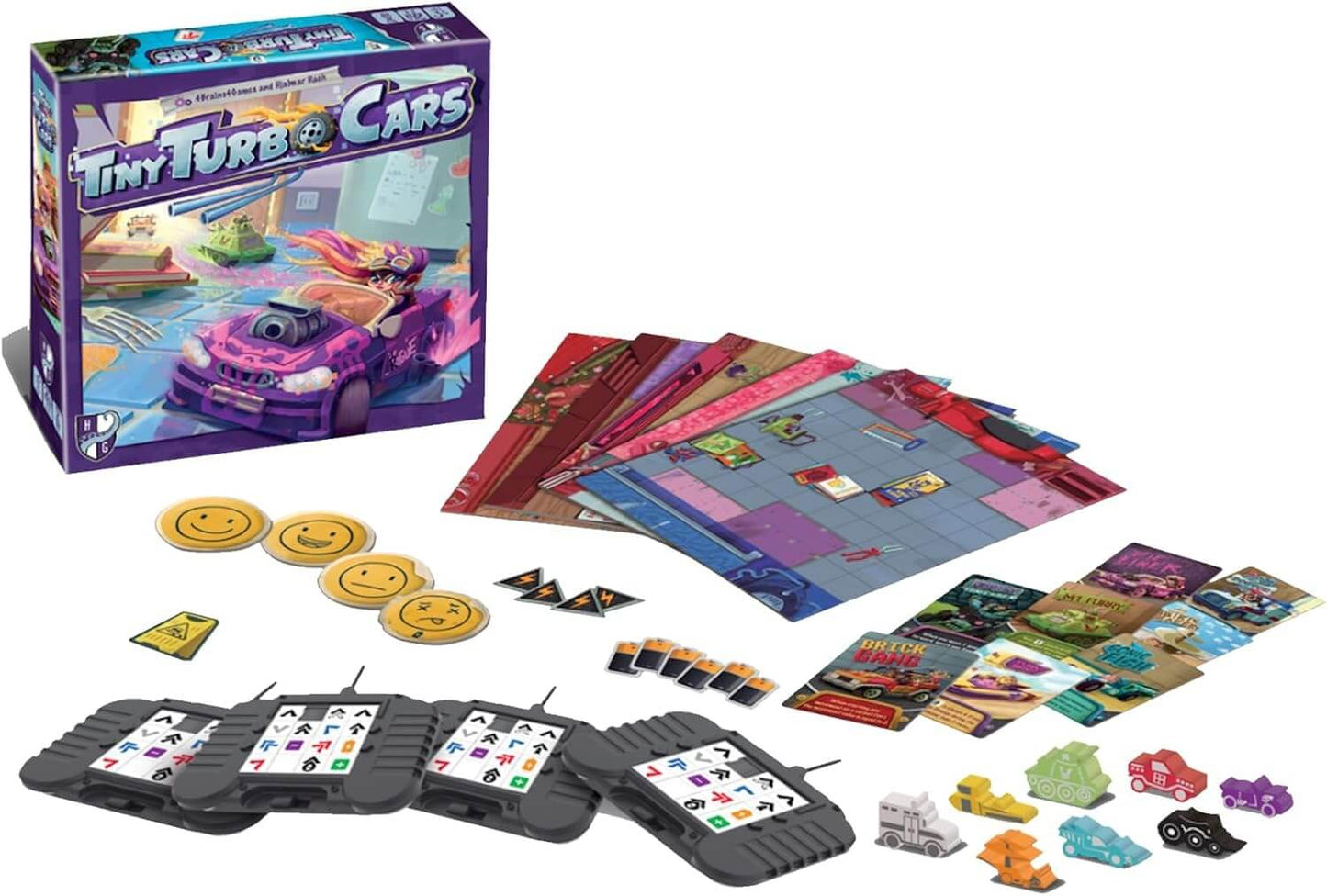 Tiny Turbo Cars board game components including puzzle, remote controls, and game boards for family fun.