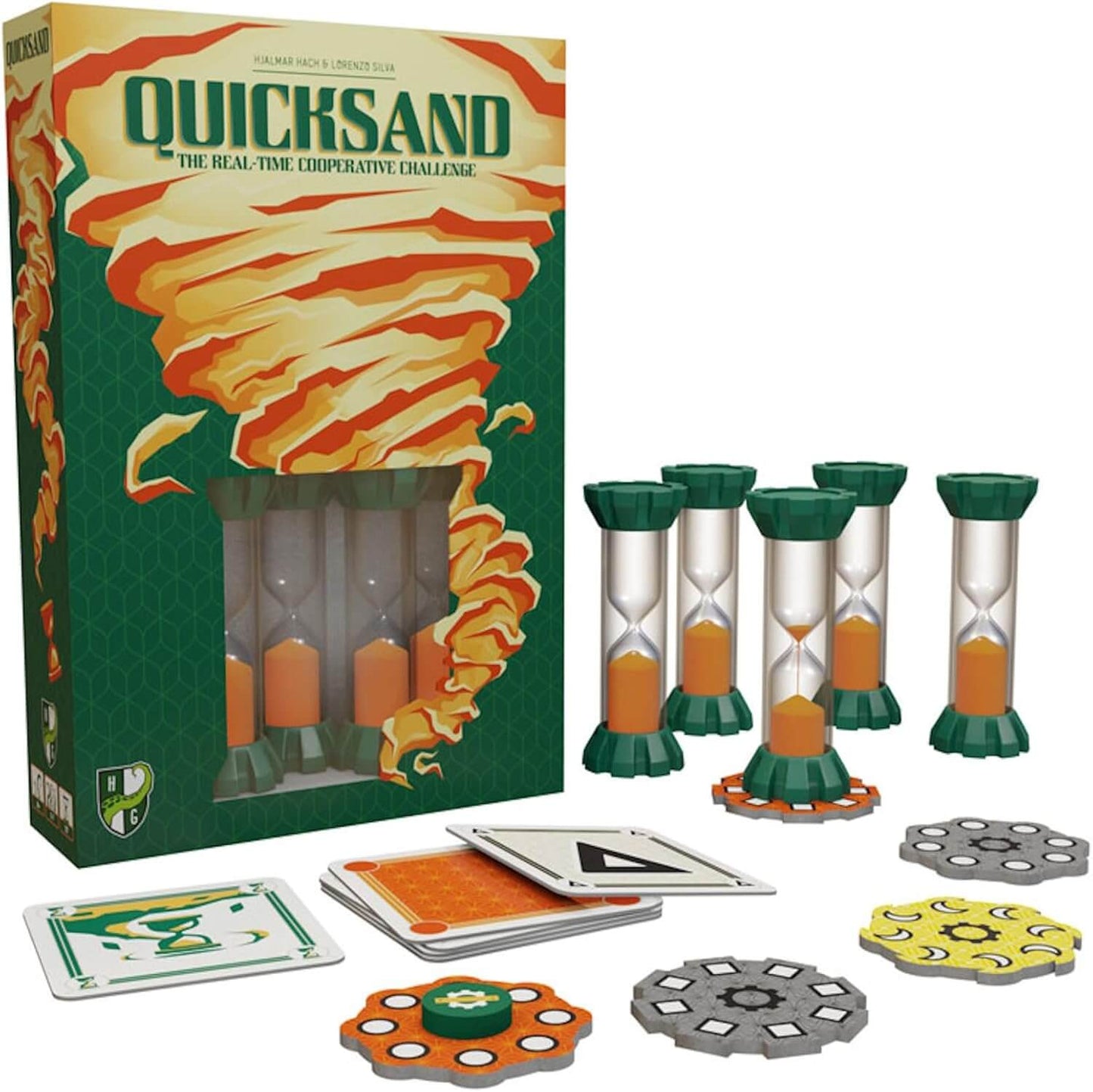 Quicksand board game with hourglasses and action cards for cooperative family game nights.