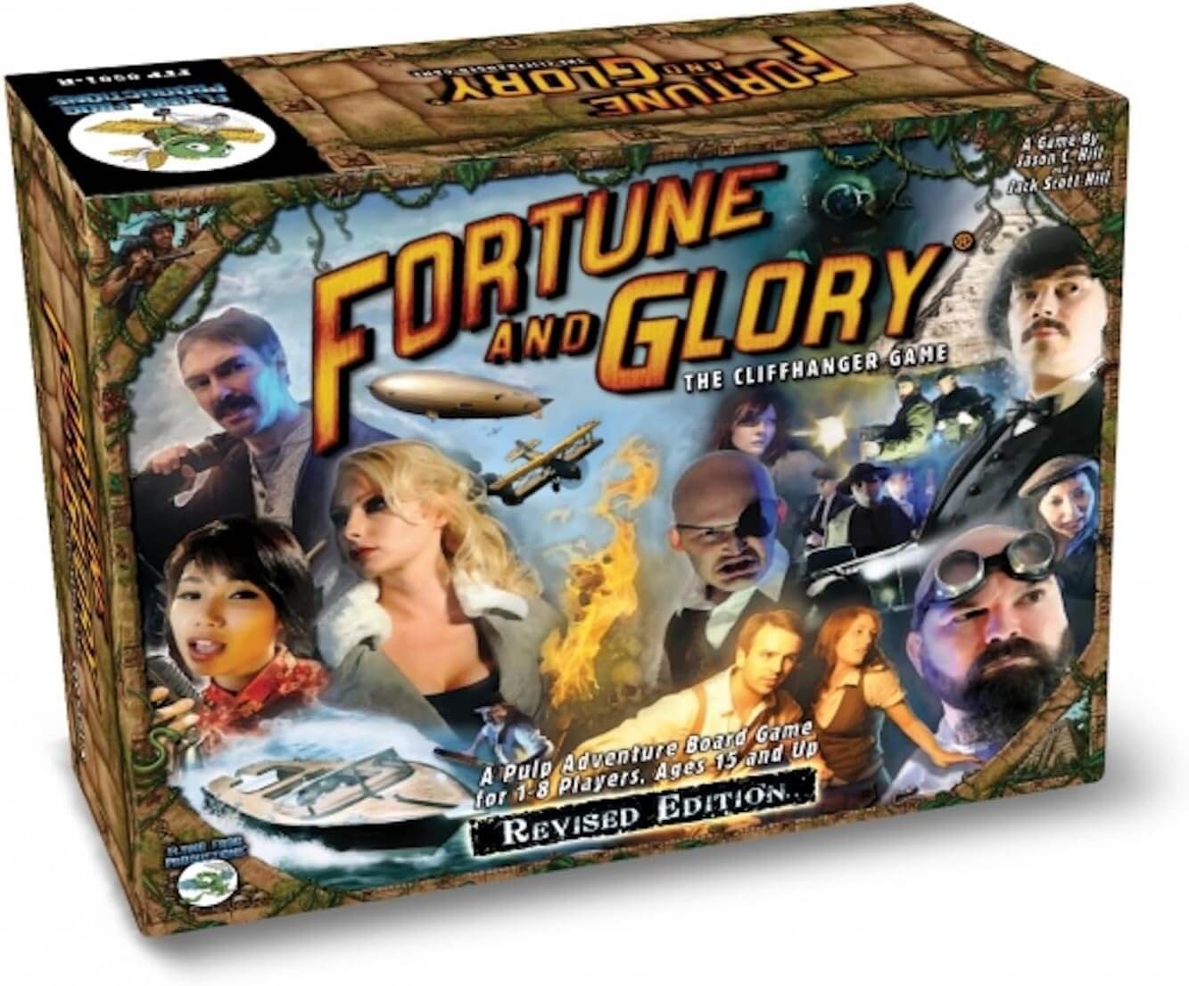 Fortune and Glory Revised Edition board game box featuring adventurous characters and themes for 1-8 players.