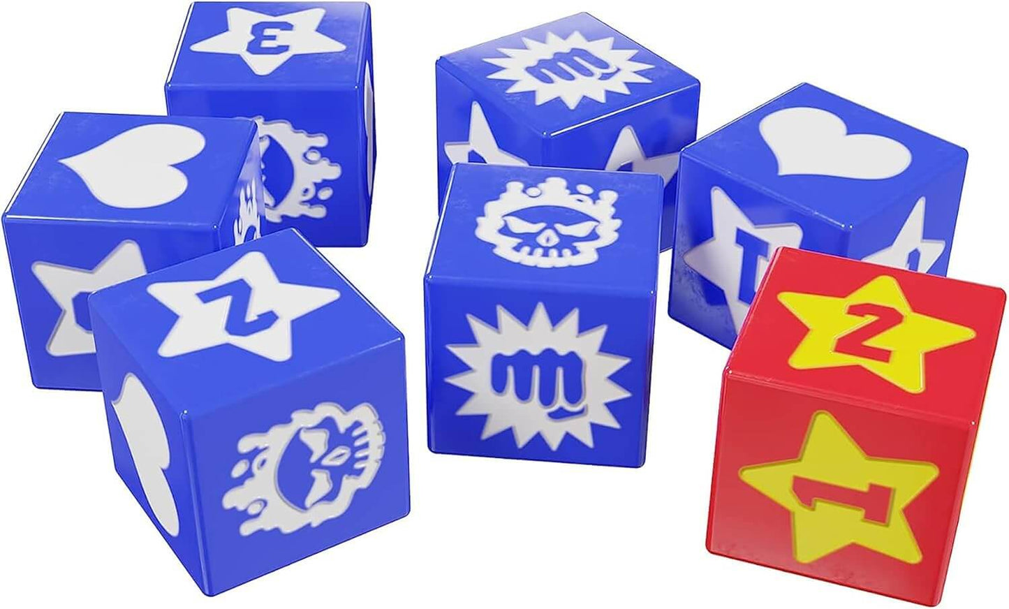 My Hero Academia dice set featuring blue and red character symbols for the Plus Ultra! board game.