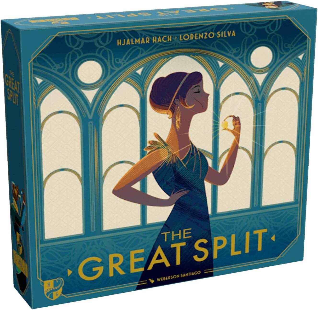 Spielverpackung von The Great Split mit Art-Déco-Design und eleganter Frau mit Schatz.