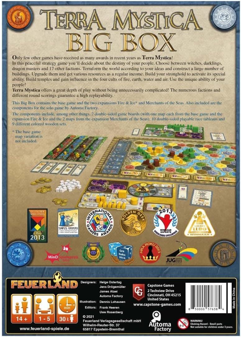 Terra Mystica Big Box back cover featuring game components and award badges for the expert board game.