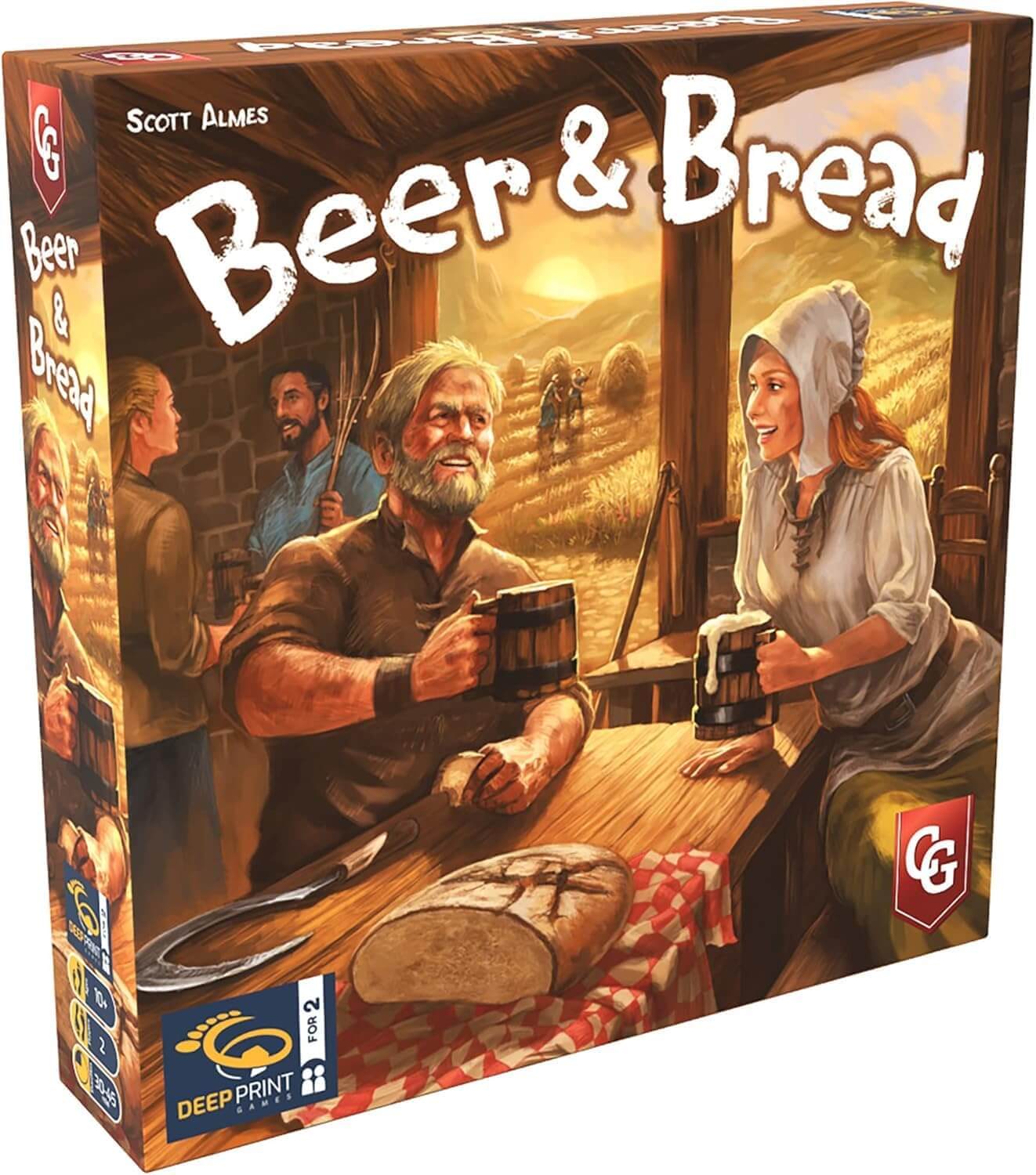 Beer & Bread board game cover featuring villagers brewing beer and baking bread in a rustic setting.