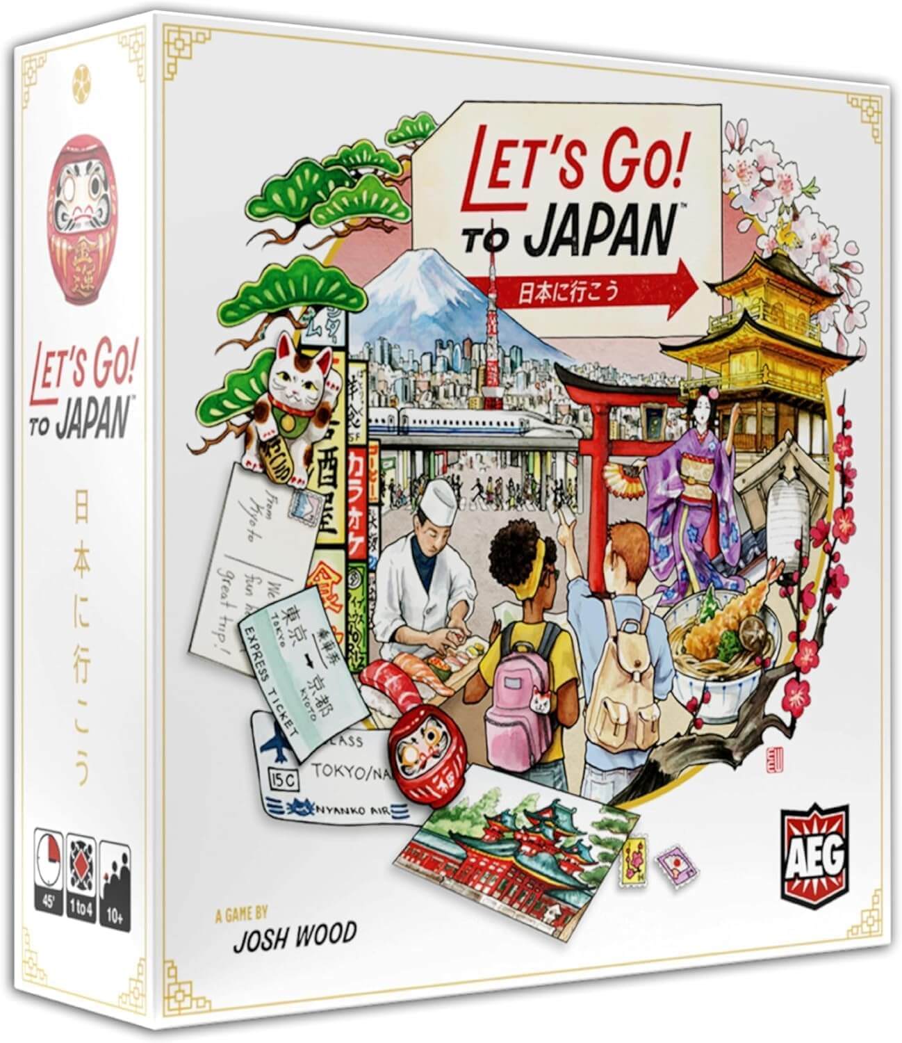 Let’s Go! to Japan board game box featuring vibrant artwork of Japanese culture and activities.