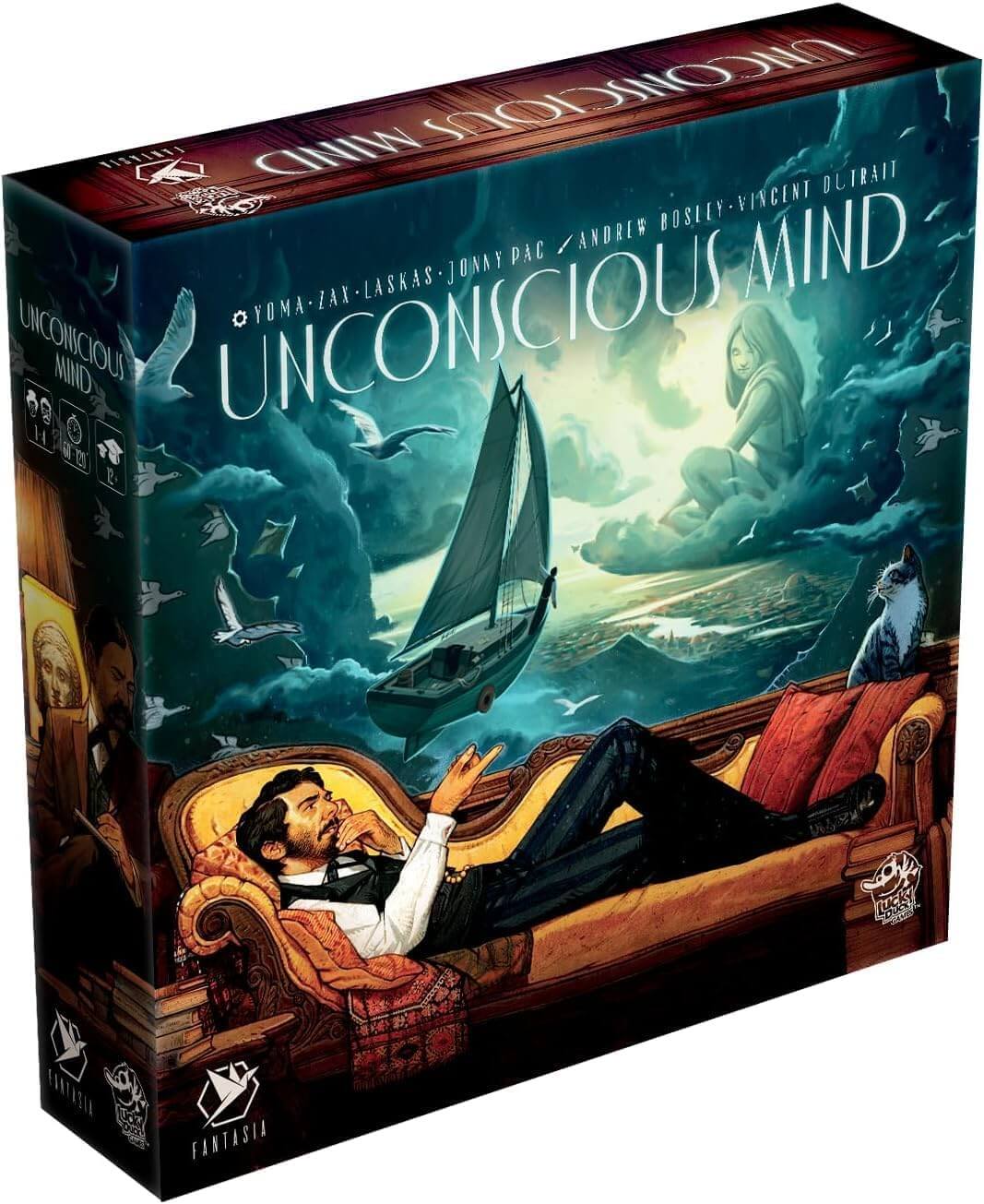 Unconscious Mind board game box featuring a psychoanalyst exploring dreams and the subconscious.