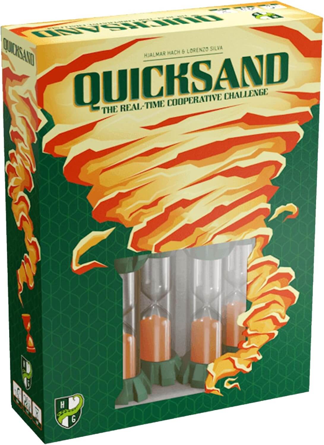 Quicksand board game box featuring an hourglass design for a real-time cooperative challenge.