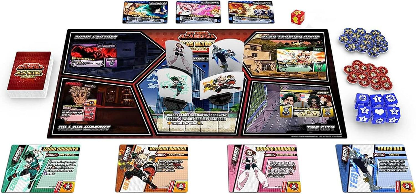 My Hero Academia: Plus Ultra! board game setup for 2-4 players with dice and character cards.
