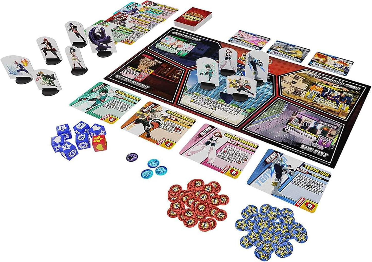 My Hero Academia: Plus Ultra! game board layout with dice, character cards, and tokens for 2-4 players.