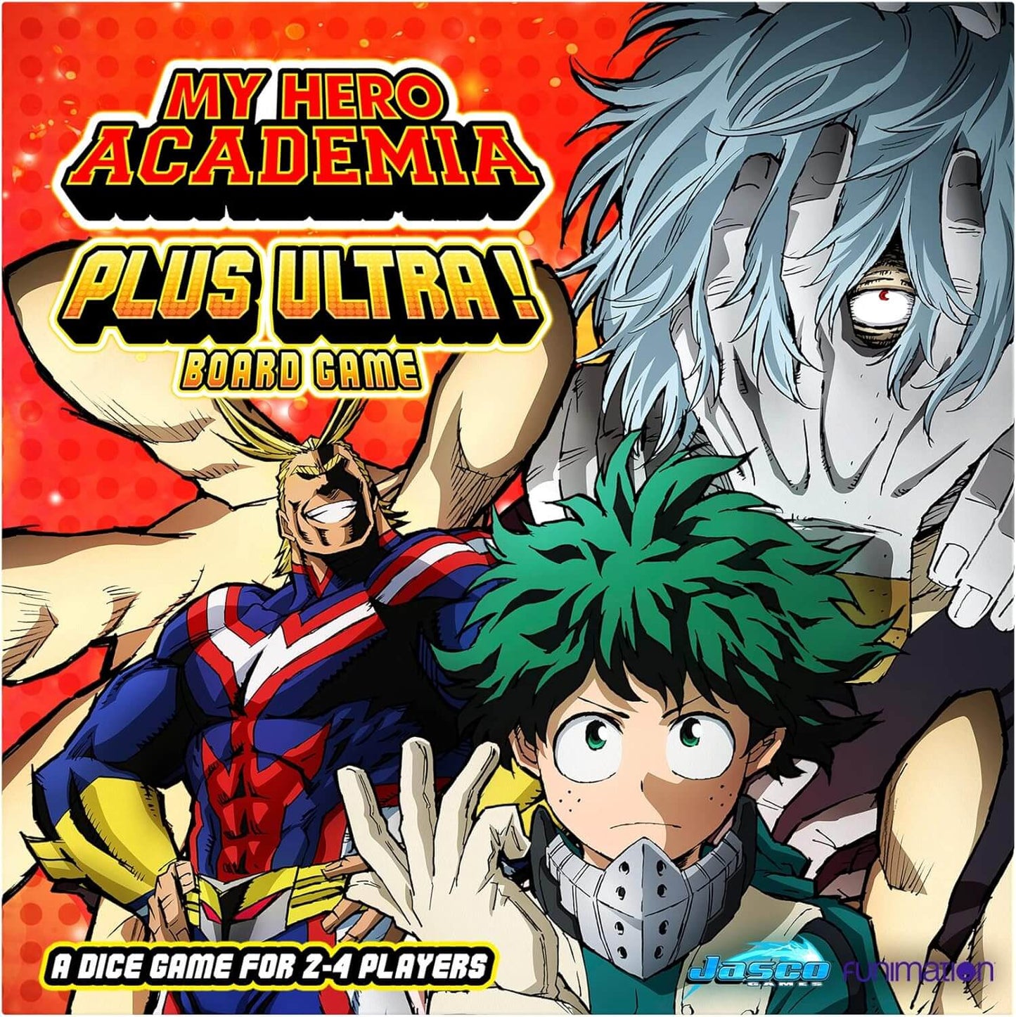 My Hero Academia: Plus Ultra! board game cover featuring iconic characters for 2-4 players.