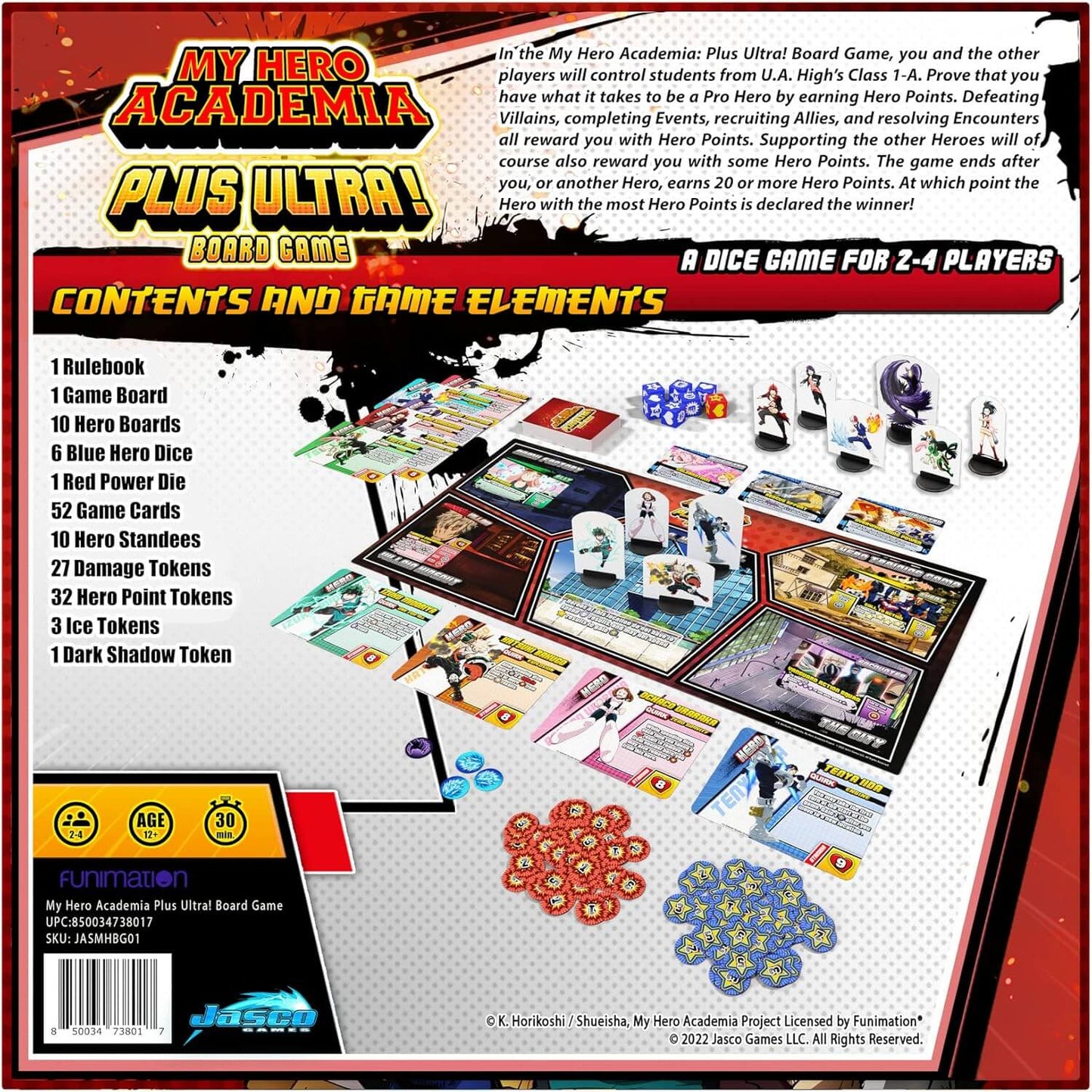 My Hero Academia Plus Ultra board game contents for 2-4 players, including rulebook, game board, and cards.
