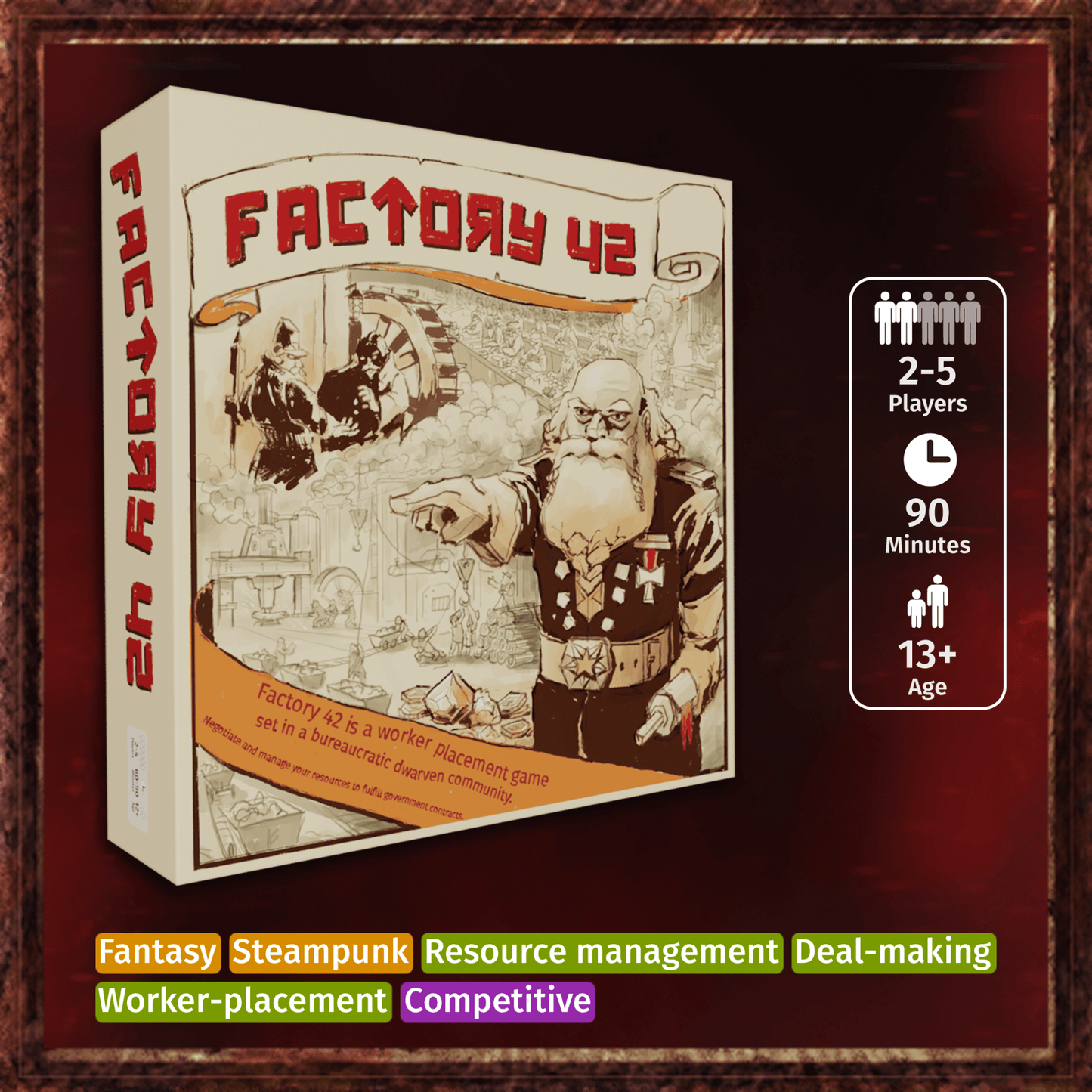 Factory 42 board game box featuring steampunk design, resource management, and worker-placement mechanics.