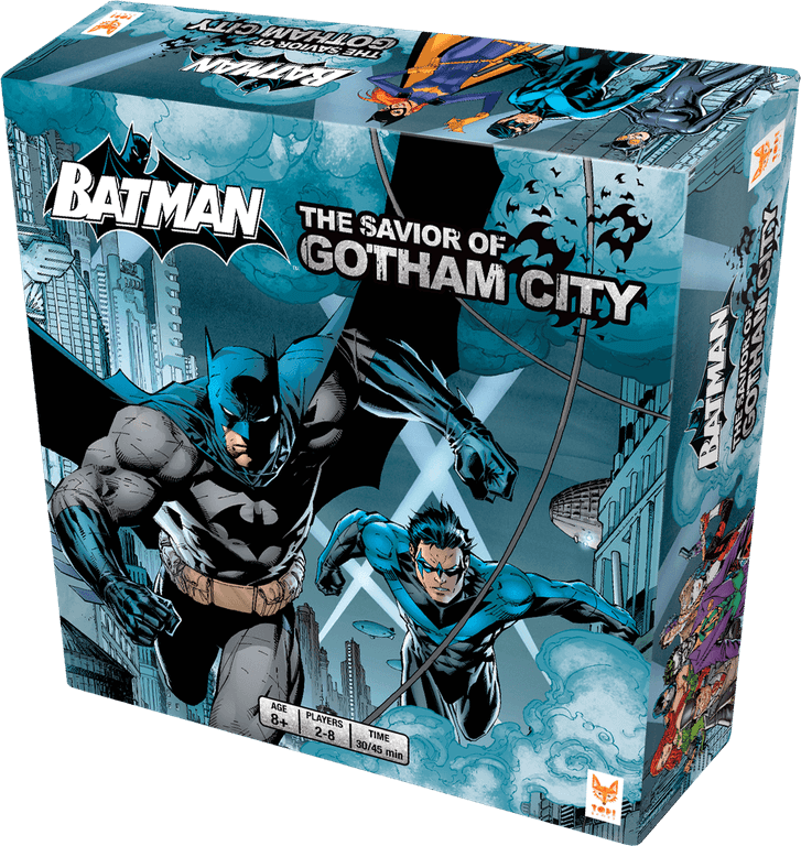 Batman: The Savior of Gotham City board game box featuring Batman and Nightwing, for 2-8 players, ages 8 and up.