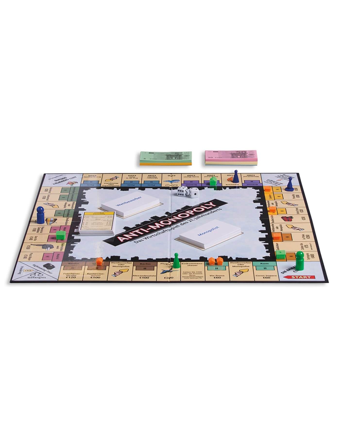 Anti-Monopoly board game layout featuring game pieces and money, designed for strategic play.