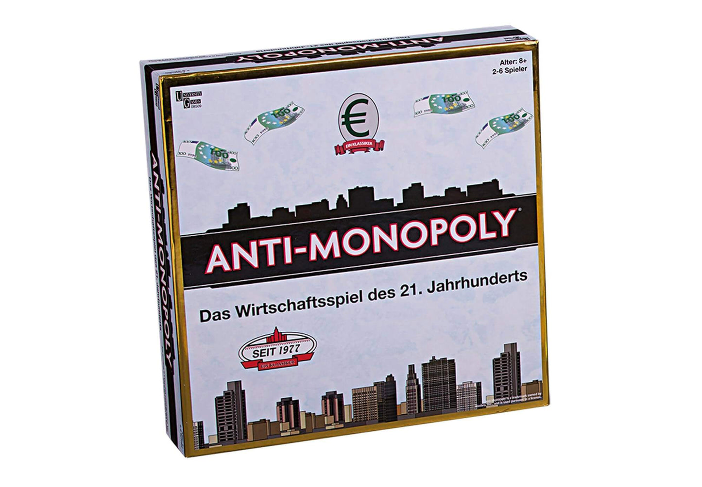 Anti-Monopoly board game box featuring urban skyline design and unique gameplay mechanics.