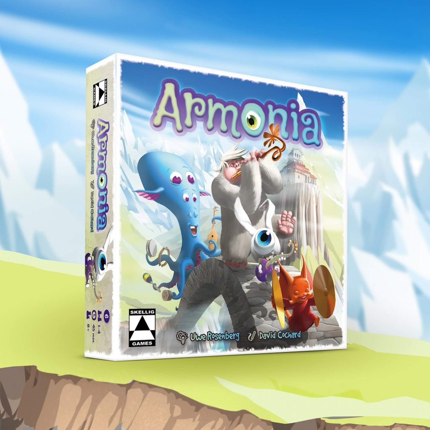 Armonia board game box featuring colorful monsters in a fantasy setting, designed for family gameplay.