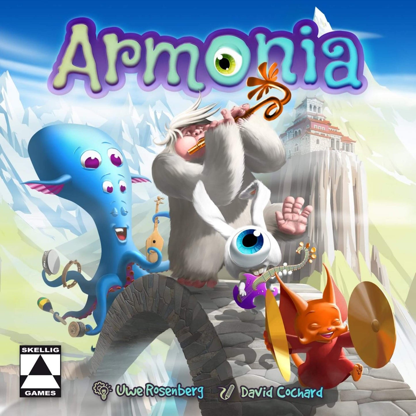 Armonia board game cover featuring colorful monsters and whimsical characters in a fantasy landscape.