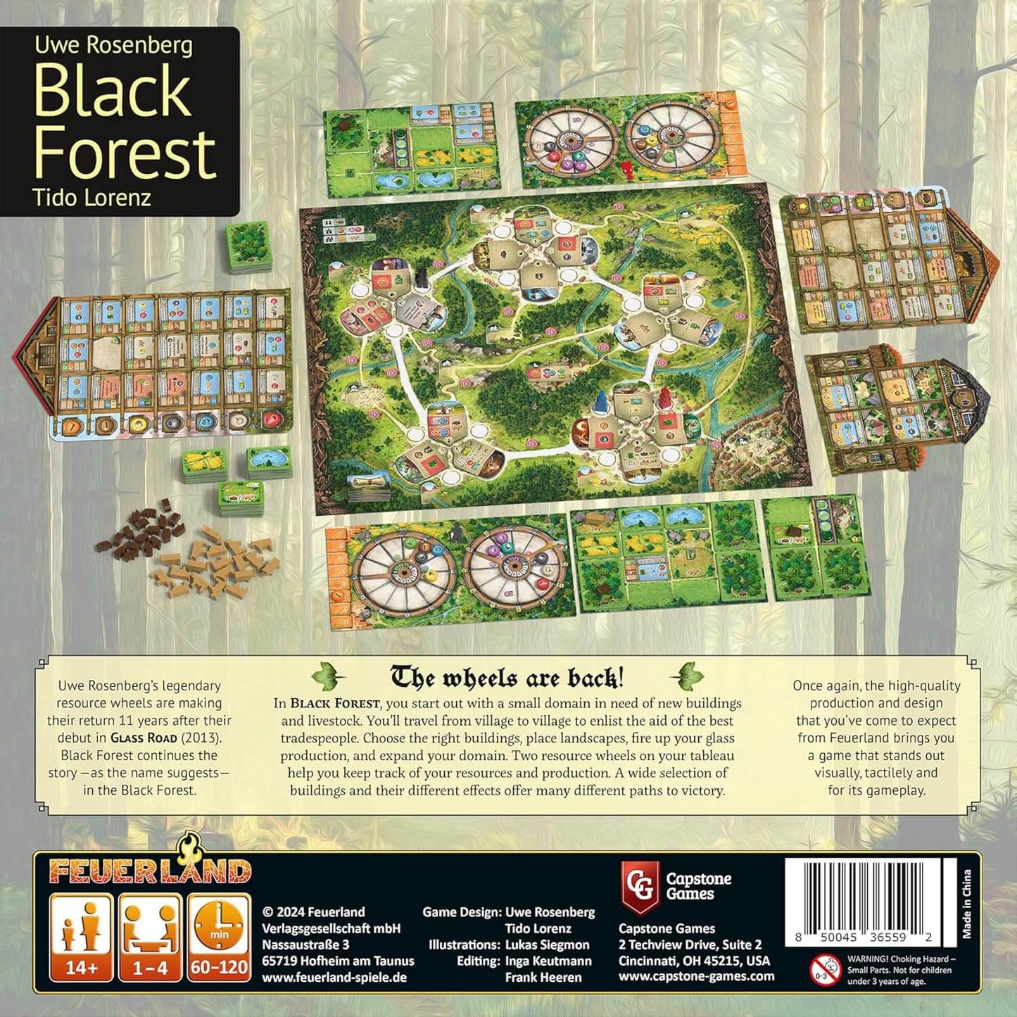 Black Forest game board with components and rules showcasing strategic planning and survival dynamics.