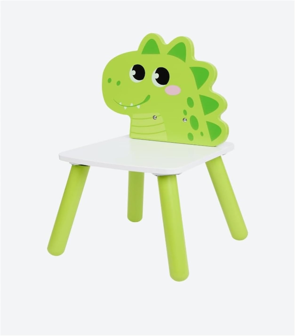 Colorful wooden kid's chair with a cheerful green dinosaur design and sturdy legs for comfort and stability.
