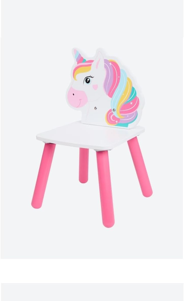 Colorful unicorn-themed wooden kids' chair with pink legs, perfect for children's rooms and activities.