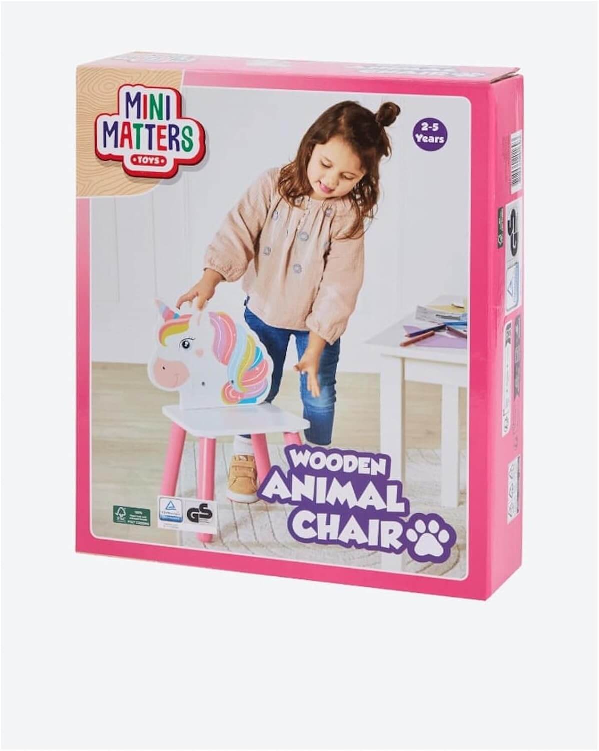 Colorful wooden animal chair packaging featuring a smiling child with unicorn design, suitable for kids aged 2-3 years.