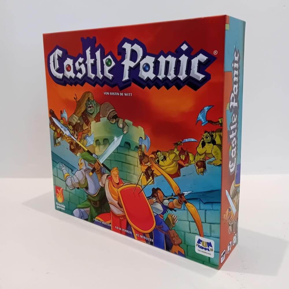 Castle Panic cooperative board game box featuring medieval defenders and monsters, vibrant artwork.
