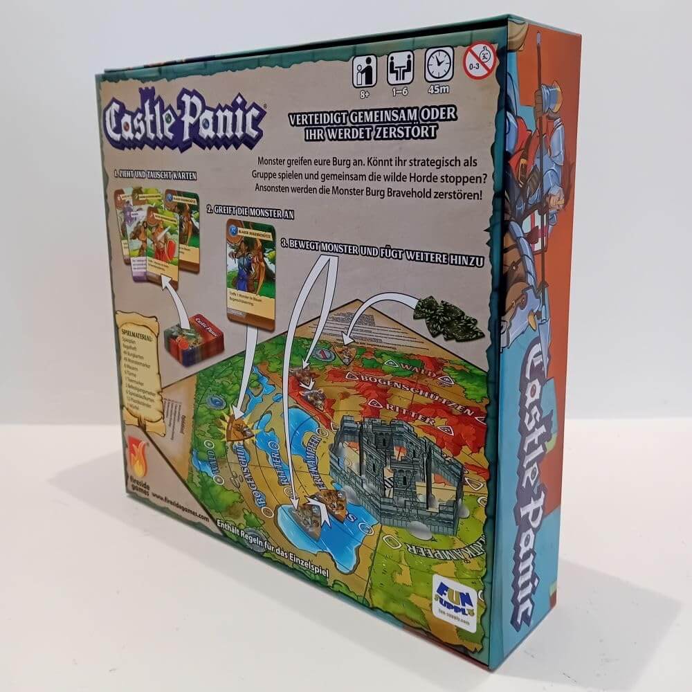 Castle Panic Spielboxrückseite mit Anleitungen zur Verteidigung der Burg gegen Monsterangriffe.