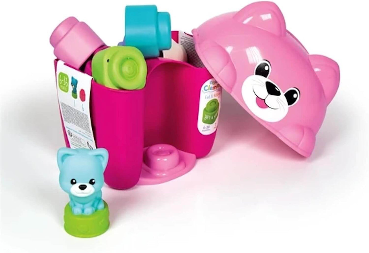 Clemmy kitten-shaped bucket with colorful soft blocks and playful kitten figure for sensory exploration.