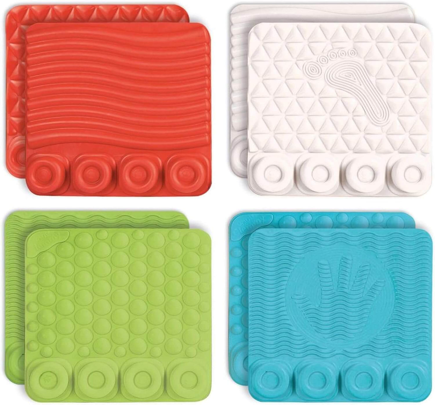 Colorful sensory play mat tiles in red, white, green, and blue, designed for tactile exploration and motor skill development.