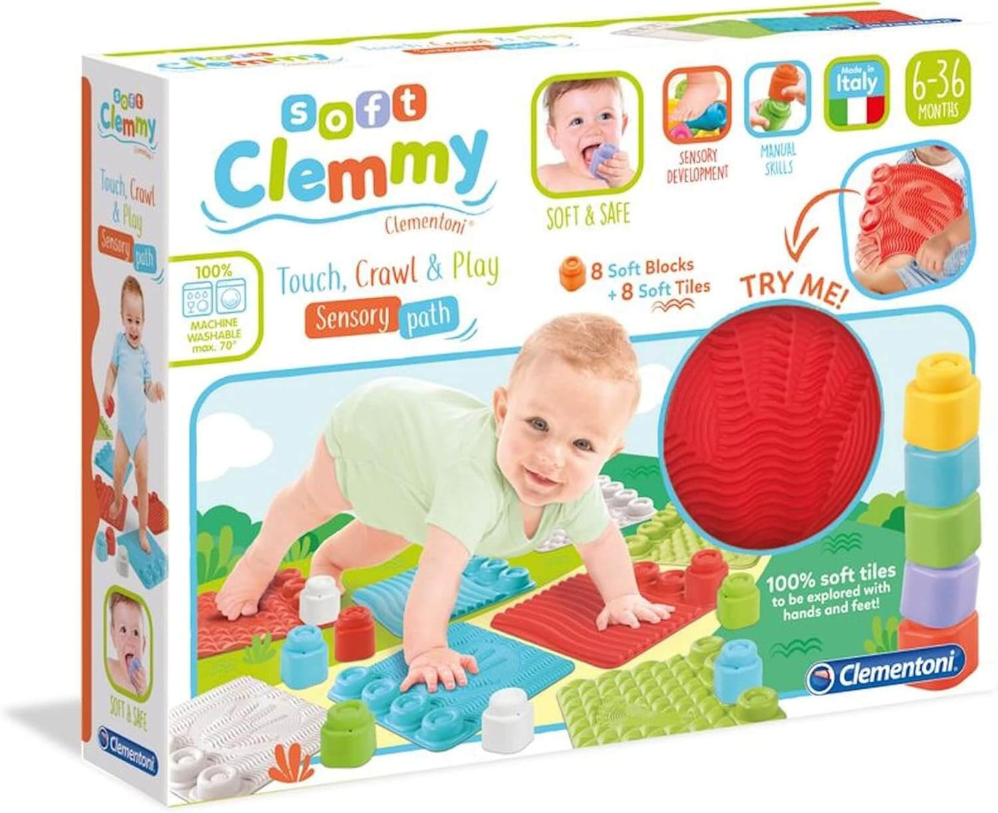 Clemmy sensory play mat for children, featuring soft blocks and tiles for tactile exploration and motor skill development.