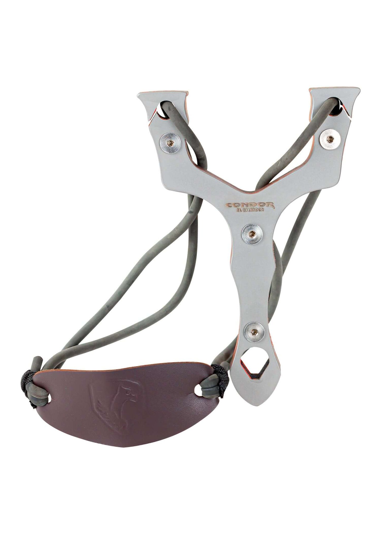 Condor Exoskeleton Slingshot, stainless steel and walnut wood, featuring elastic bands and leather grip.