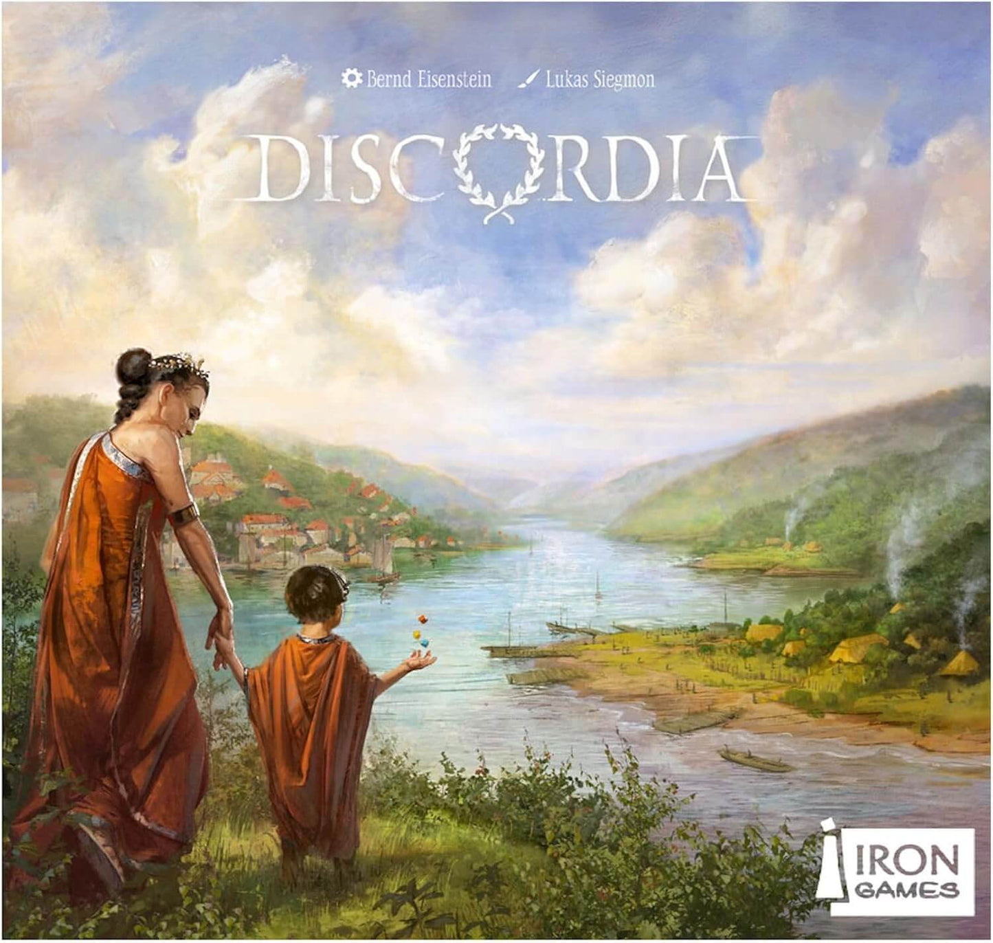 Cover art of Discordia board game, depicting a mother and child in a Roman landscape.