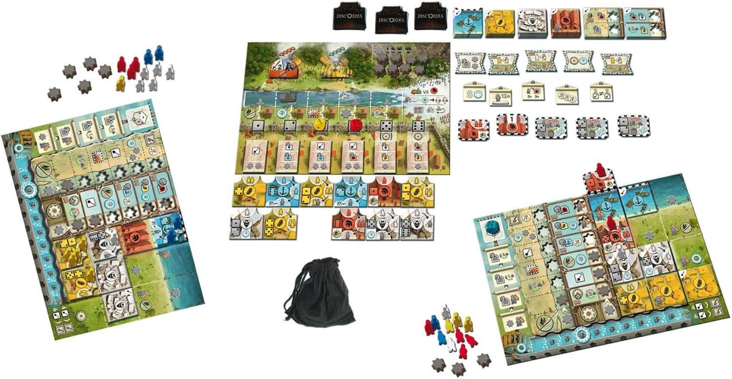 Discordia board game components including game boards, resource tokens, and player pieces for historical strategy.
