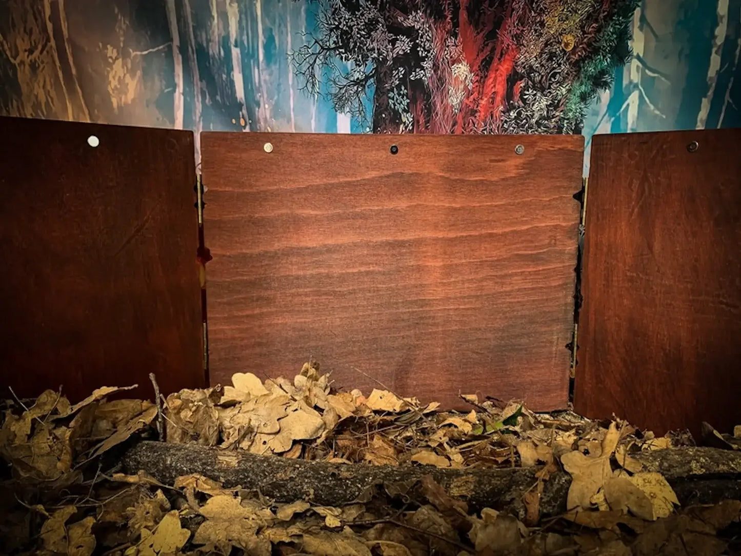 Handcrafted wooden dungeon master screen with unique design, set against a nature backdrop.