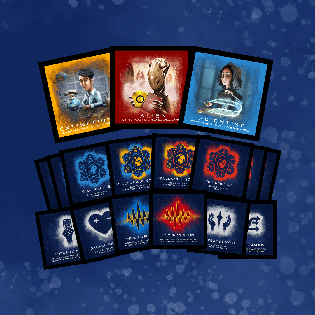 Earth Gambit Light game cards featuring Alien, Scientist, and Extinction roles with various science cards.