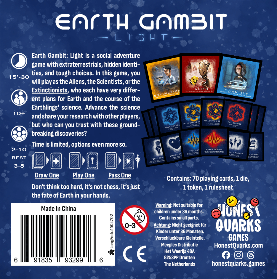 Back cover of Earth Gambit Light board game, showcasing game details, cards, and instructions.